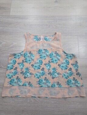 Xhilaration Semi Cropped Tank Top Pink Teal Rose Floral Print Mesh Juniors XL